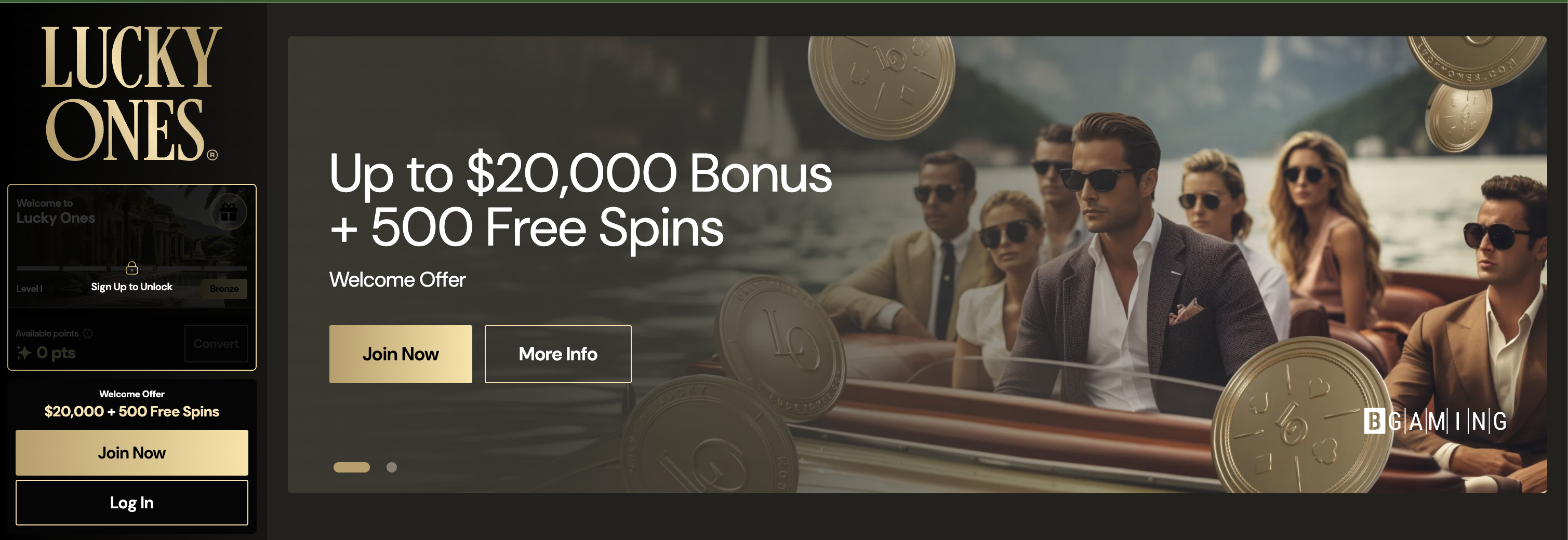 LuckyOnes Casino homepage with welcome bonus banner